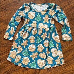 Girls Festive Christmas Holiday Gingerbread Cookie Winter Print Dress | 5-6T